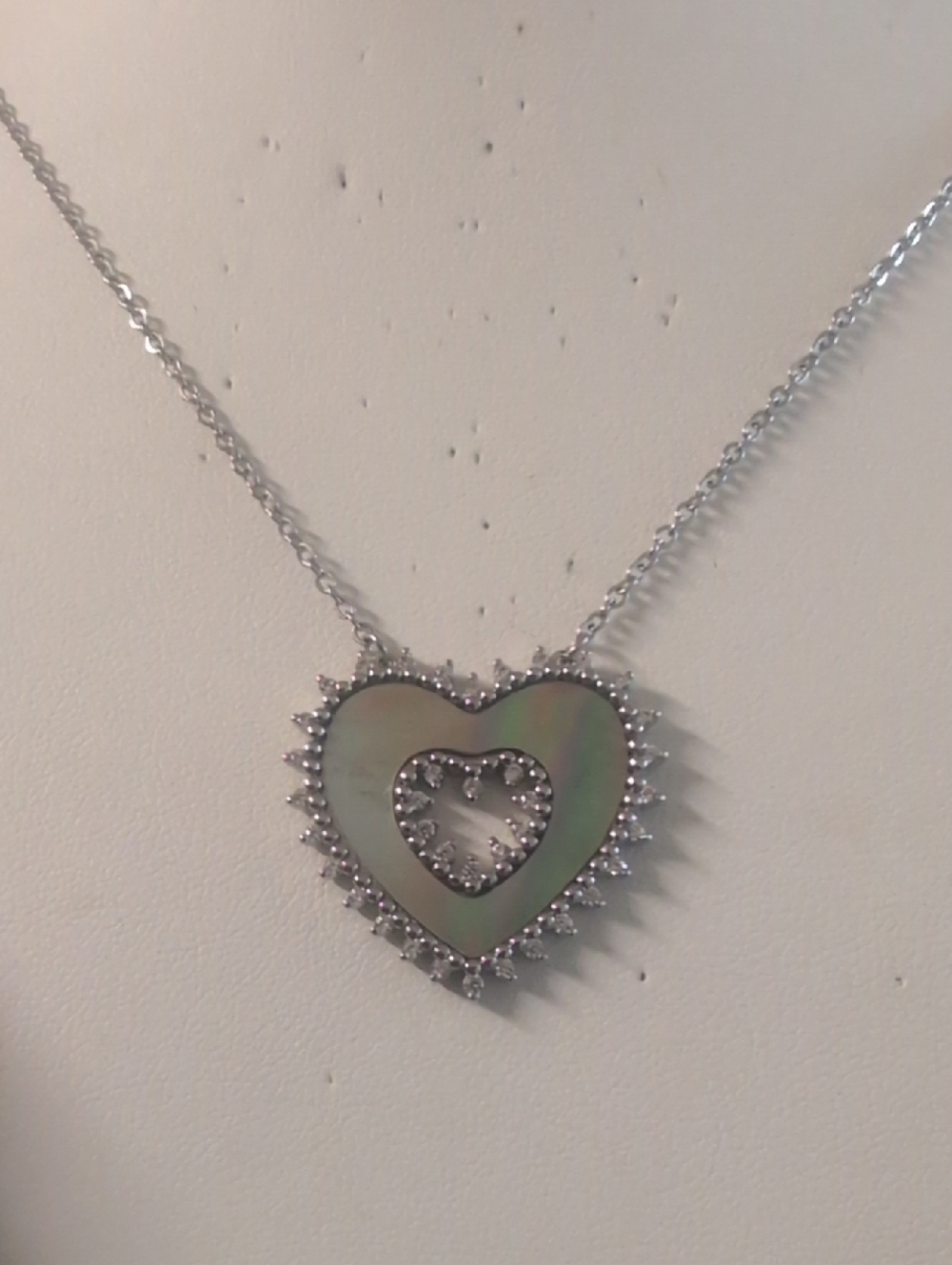 Park Lane Misty Silver Heart Pendant Necklace with Iridescent Abalone Cutout